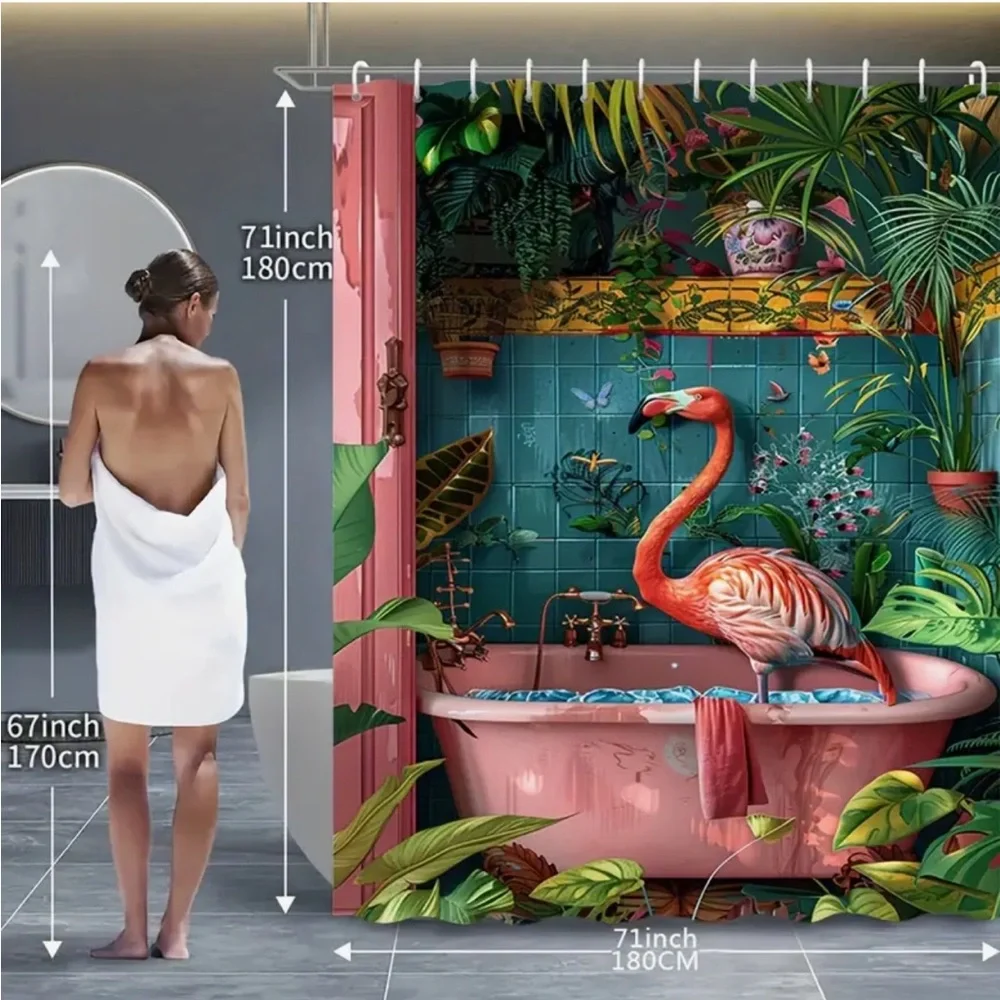 Tropical Flamingo Shower Curtain Bathroom Set - Pink and Teal
